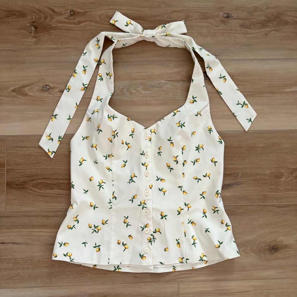 Zara Lemon Print Tie Halter Top M